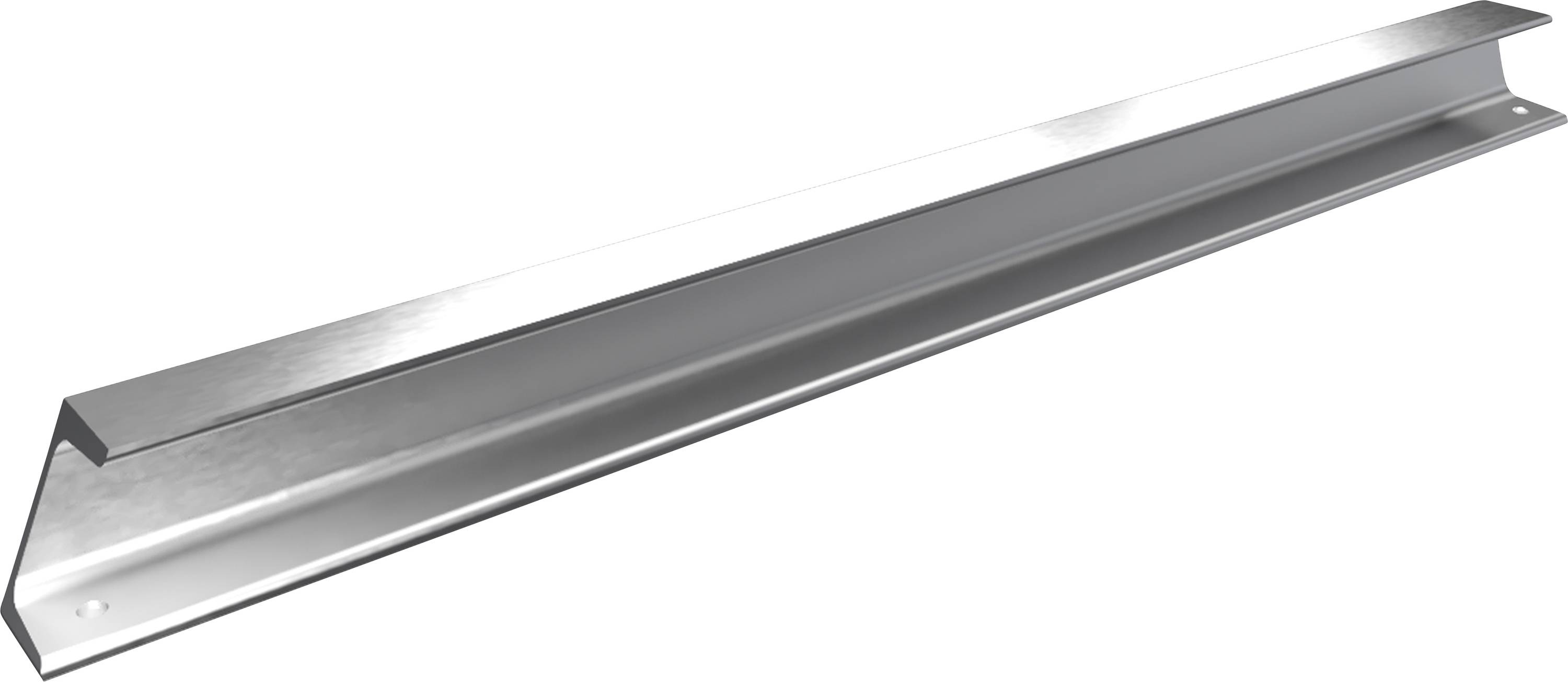 Ein langer, verzinkter Metallwinkelträger, rechteckig geformt. Er hat an beiden Enden Bohrungen zur Montage und wird zur Verstärkung verwendet.