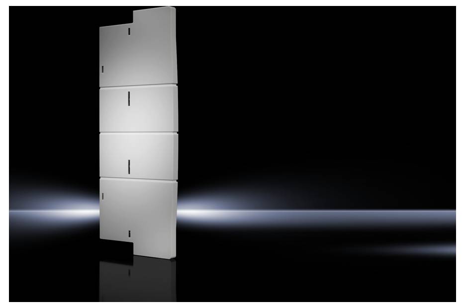 Eine vertikale Reihe von vier grauen, rechteckigen Schränken vor einem schwarzen Hintergrund mit leichtem Lichtschein.