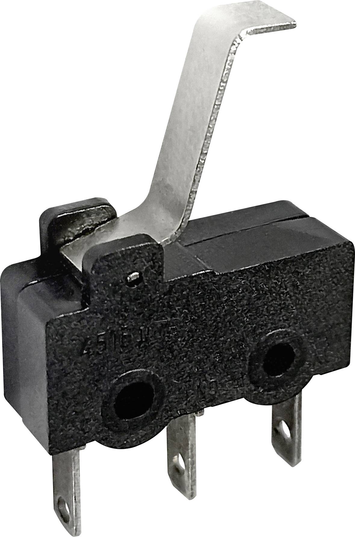 Ein schwarzer Schalter mit einem silbernen Metallhebel. Der Schalter hat drei Anschlusspins an der Unterseite.
