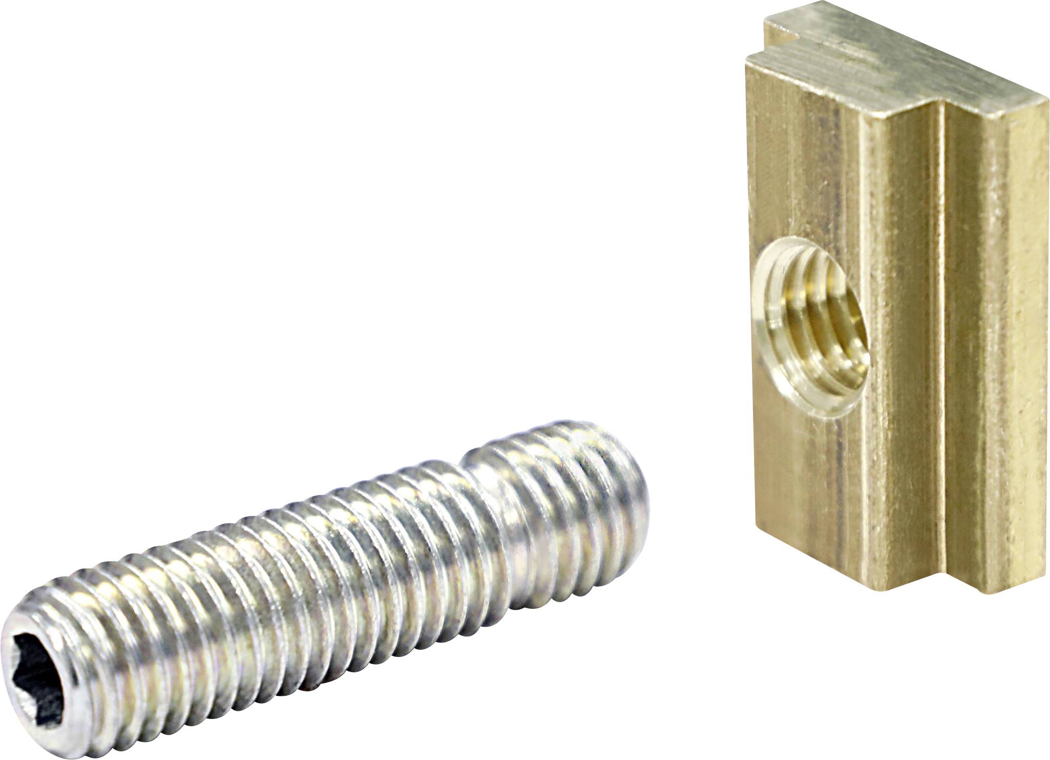 Metallschraube mit sechskantiger Buchse neben einem rechteckigen Messingstück mit Gewindeloch, dargestellt auf weißem Hintergrund.