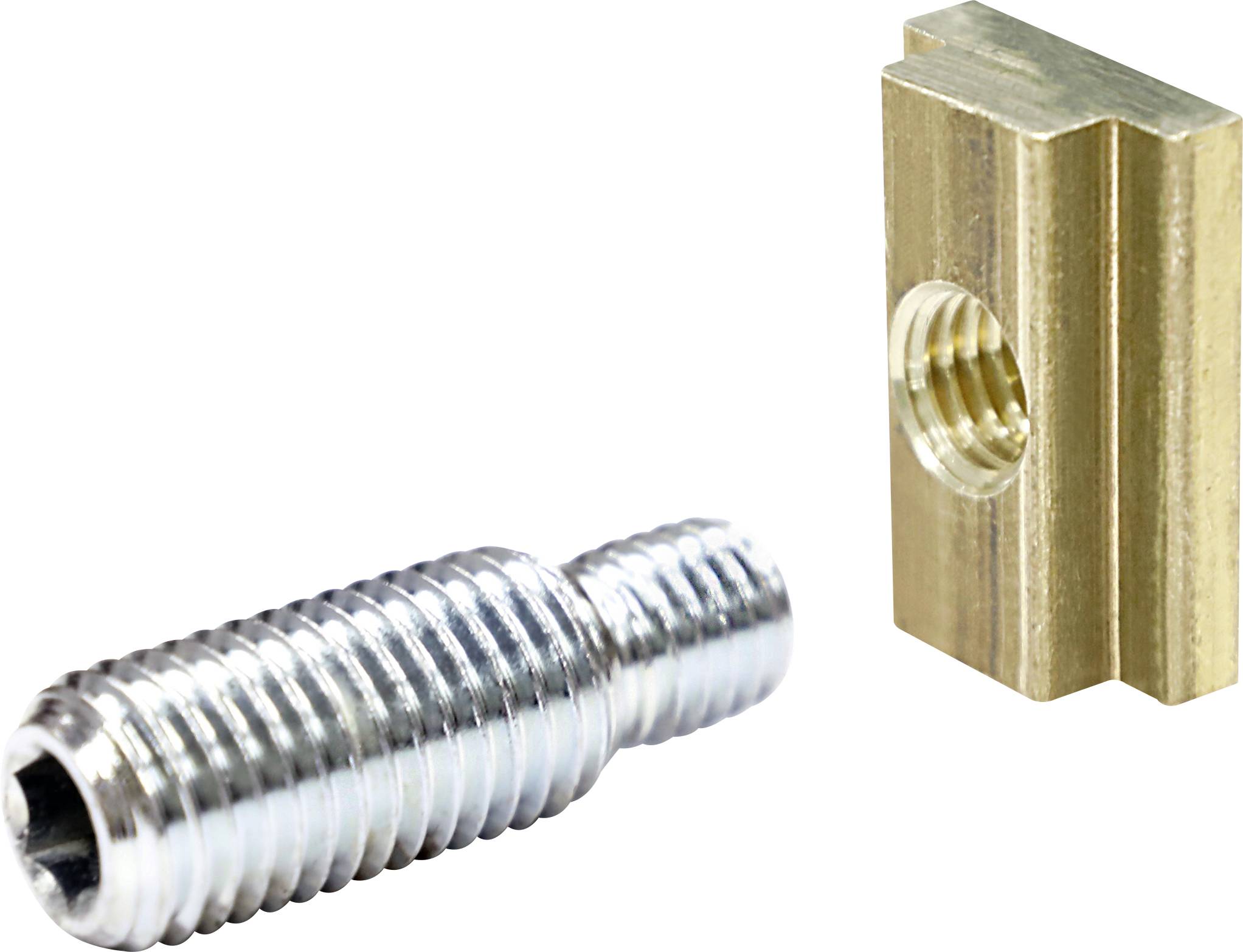 Zylindrische Schraube aus Metall und rechteckige, hohle Messingverbindung für mechanische Befestigung oder Montage.