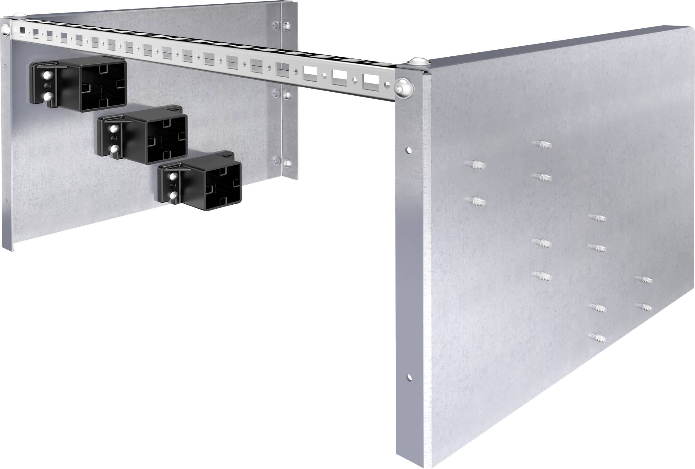 Metallgestell mit drei schwarzen Halterungen an einer Schiene, montiert zwischen zwei grauen Platten. Geeignet für industrielle Anwendungen.