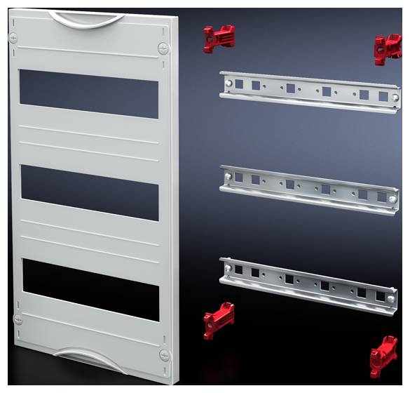 Teil eines modularen Regalsystems mit vertikalen Metallschienen und roten Halterungen, bereit zur Montage von Regalplatten.