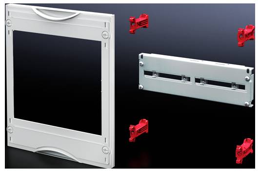 Montagerahmen und Befestigungselemente für einen Elektroinstallationskasten. Details der einzelnen Komponenten in Nahaufnahme.