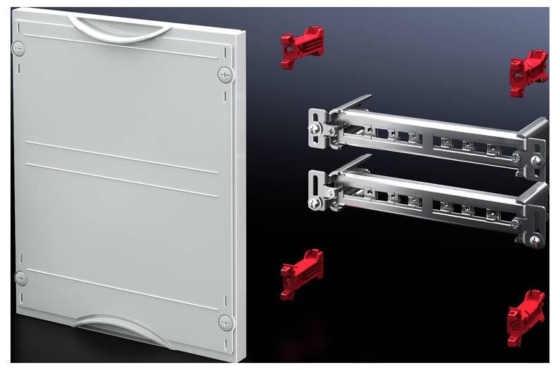 Gehäuse einer elektrischen Schalttafel mit seitlichen Befestigungsschienen und roten Halterungen, alle Teile getrennt dargestellt.