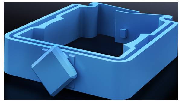 Ein blaues, geometrisch geformtes 3D-Objekt mit quadratischem Rahmen und hervorstehenden Details auf dunklem Hintergrund.