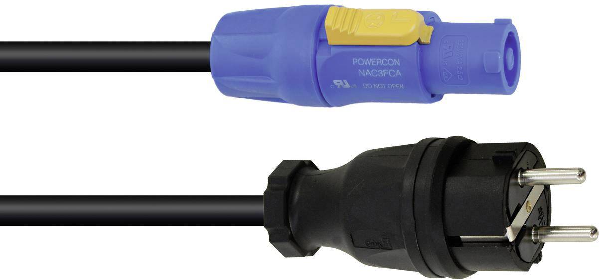 'PowerCON'-Stecker (blau) und Schuko-Stecker (schwarz) an einem Kabel, geeignet für professionelle Audio- und Bühnenanwendungen.