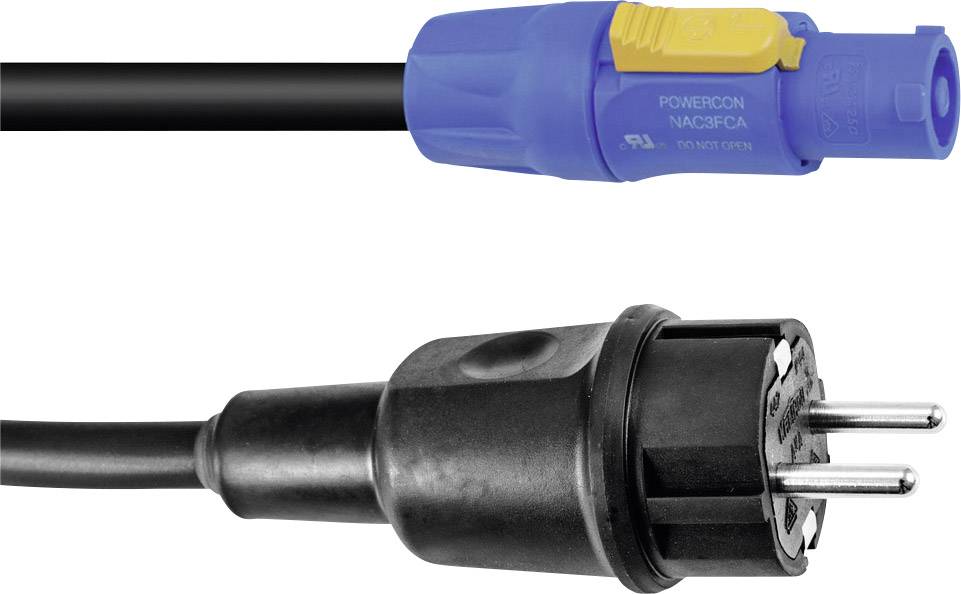 Ein blauer PowerCON-Stecker und ein schwarzer Euro-Netzstecker liegen nebeneinander auf weißem Hintergrund.
