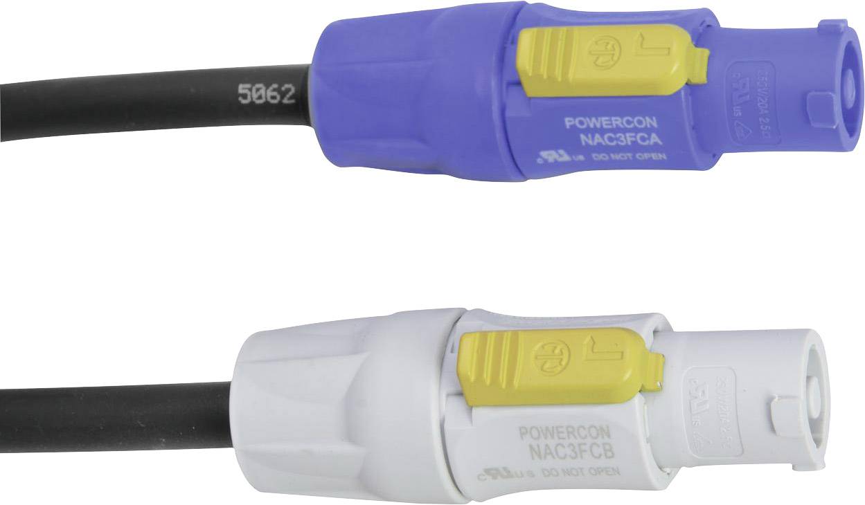 Zwei Stromkabel mit blauen und weißen Steckern, jeweils mit gelben Verriegelungen, beschriftet mit 'POWERCON NAC3FCA' und 'NAC3FCB'.