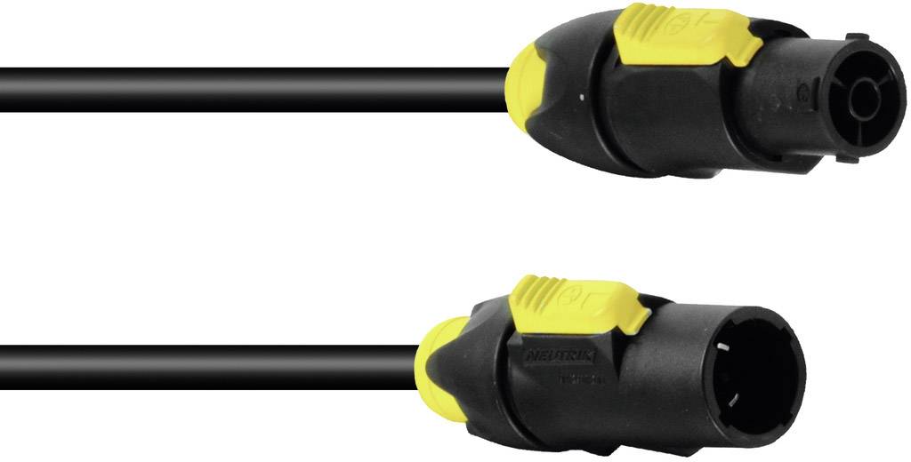 Zwei schwarze und gelbe Verriegelungskabel mit Steckern an beiden Enden, geeignet für Audio- und Lichttechnikverbindungen.