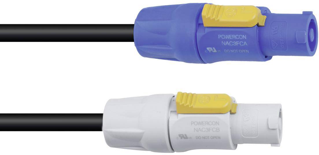 Zwei PowerCON-Stecker, ein blauer und ein weißer, jeweils mit gelbem Sicherheitsverschluss. Sie dienen zur sicheren Stromverbindung.
