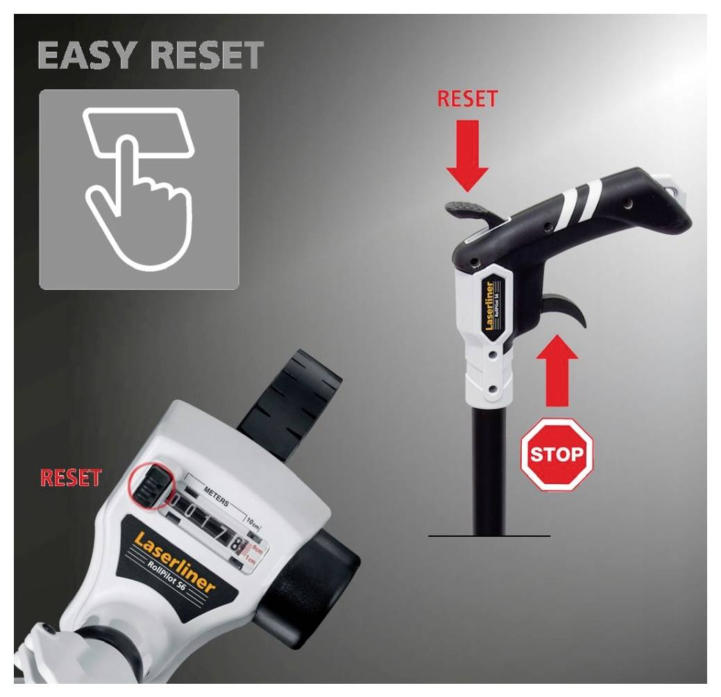 'Easy Reset'-Funktion wird auf einem Werkzeug mit Nahaufnahme des Reset-Knopfes angezeigt. Rote Pfeile und ein 'STOP'-Schild deuten auf die Reset-Aktion hin.