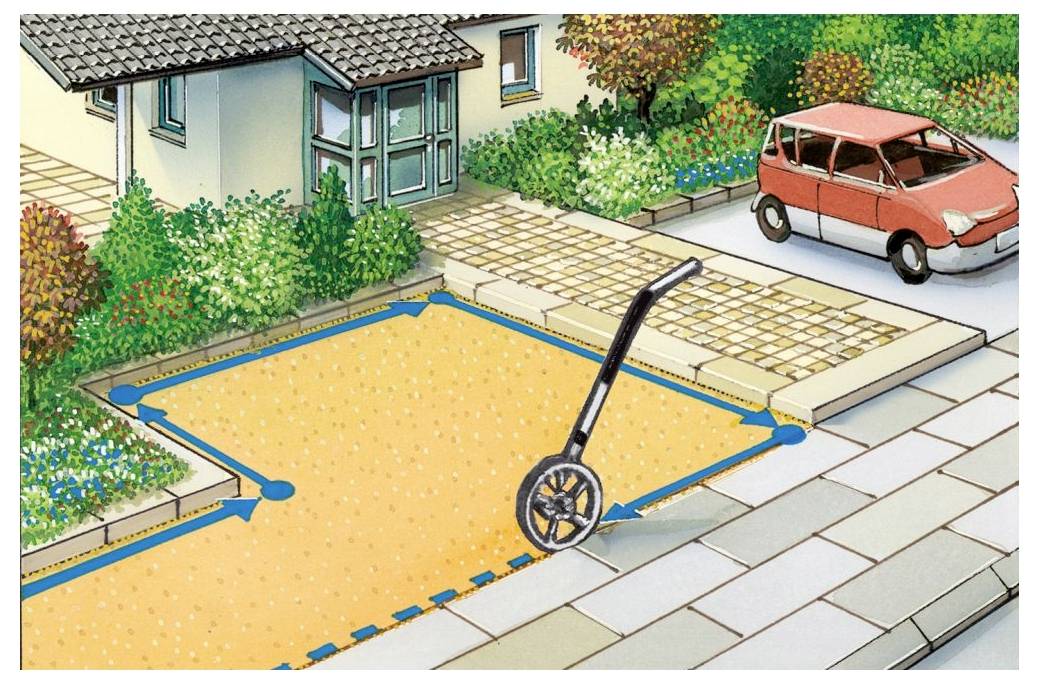 Ein Haus mit einer gepflasterten Einfahrt, einem in der Nähe geparkten Auto und einer Schubkarre in einem quadratischen Bereich, der mit blauen Pfeilen die Abmessungen anzeigt.
