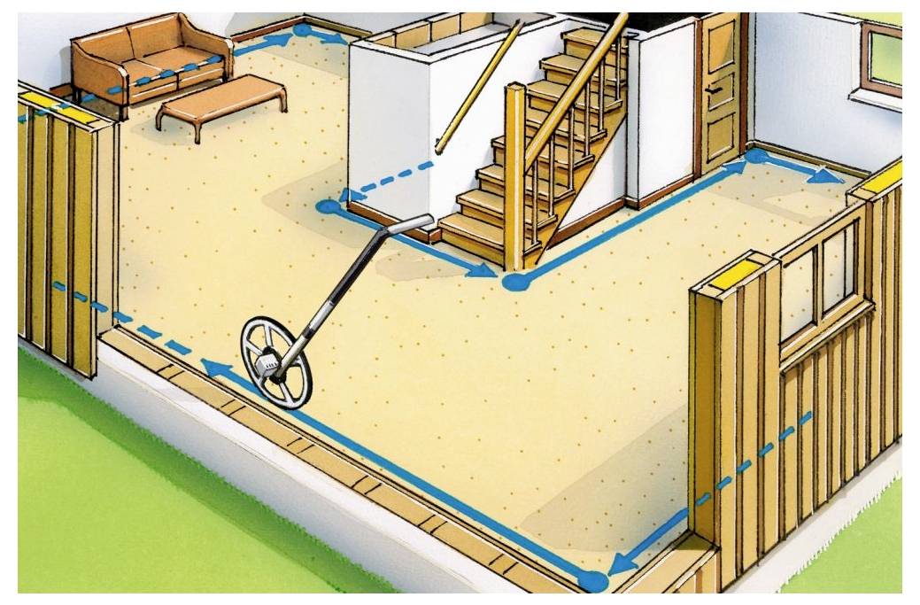 Ecke eines Innenraums mit braunem Teppich, Treppe nach oben, einer Couch und gepunkteten Linien, die den Umriss und die Türöffnungen markieren.
