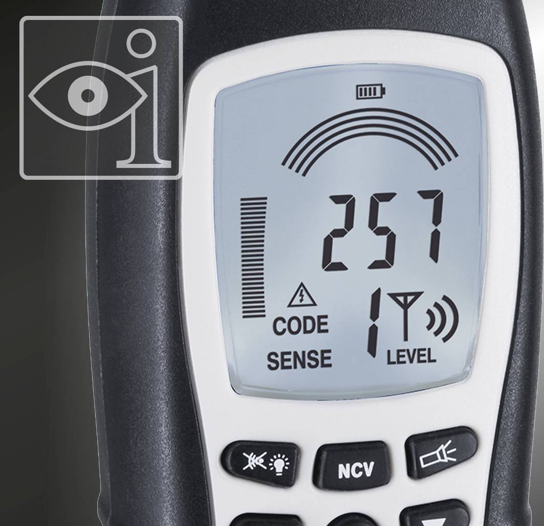 Ein digitales Messgerät zeigt 'Code 1, Sense, Level' sowie eine große Zahl 257 auf dem Display. Enthält Sensortasten unten.