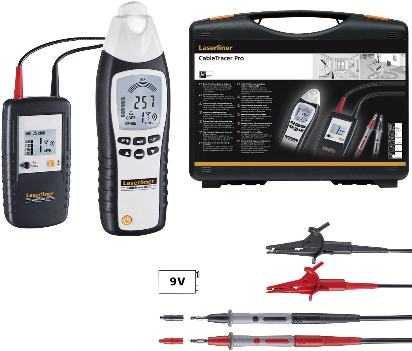 'Laserliner CableTracer Pro' mit Empfänger, Sender, Koffer und Zubehör zur Kabelverfolgung. Gerätedisplays zeigen Zahlen und Symbole.
