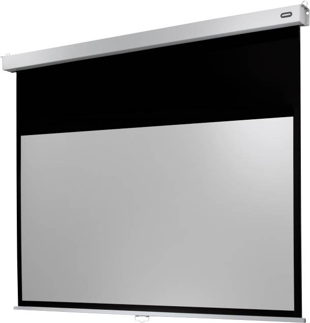 Eine weiße Projektionsleinwand mit schwarzem Rahmen, aufgerollt in einem silbernen Gehäuse, geeignet für Präsentationen oder Filmvorführungen.