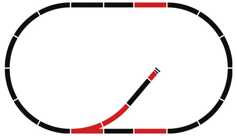 Diagramm einer Eisenbahnstrecke mit einer Weiche, die den Weg von einer Kreisschleife zu einem Ausfahrtsweg nach rechts verzweigt.