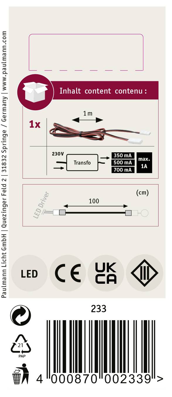 Verpackungsetikett einer elektrischen Leitung. Zeigt ein Kabel mit Transformator, 'Inhalt: 1 Meter'. Symbole für LED, CE, UKCA, Mülltonne.