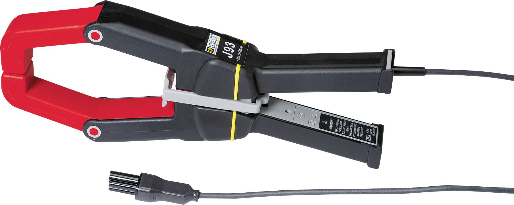 Eine schwarze und rote Stromzange mit Kabel zur Messung von elektromagnetischen Feldern bei elektrischen Geräten.