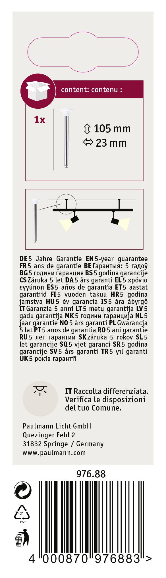 Paulmann 97688 Hochvolt-Schienensystem-Komponente Schienenabhängung Weiß