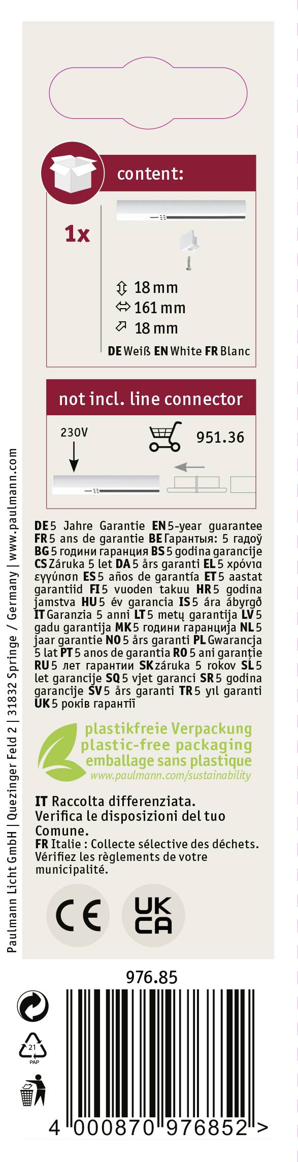 Paulmann 97685 Hochvolt-Schienensystem-Komponente Einspeiser Weiß