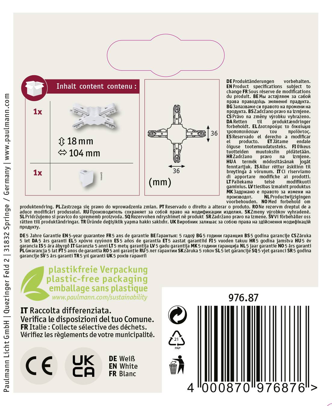 Paulmann 97687 Hochvolt-Schienensystem-Komponente X-Verbinder Weiß
