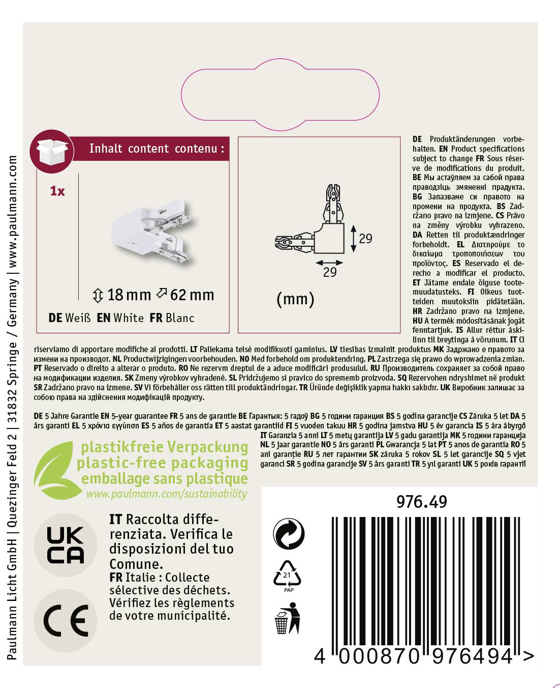 Paulmann 97649 Hochvolt-Schienensystem-Komponente Eckverbinder Weiß
