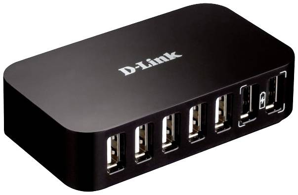 Ein schwarzer D-Link USB-Hub mit sieben Anschlüssen, verwendet zum Erweitern der USB-Konnektivität für mehrere Geräte gleichzeitig.