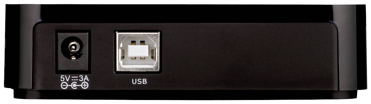 Rückseite eines elektronischen Geräts mit einem Stromanschluss auf der linken Seite und einem USB-Anschluss auf der rechten Seite.