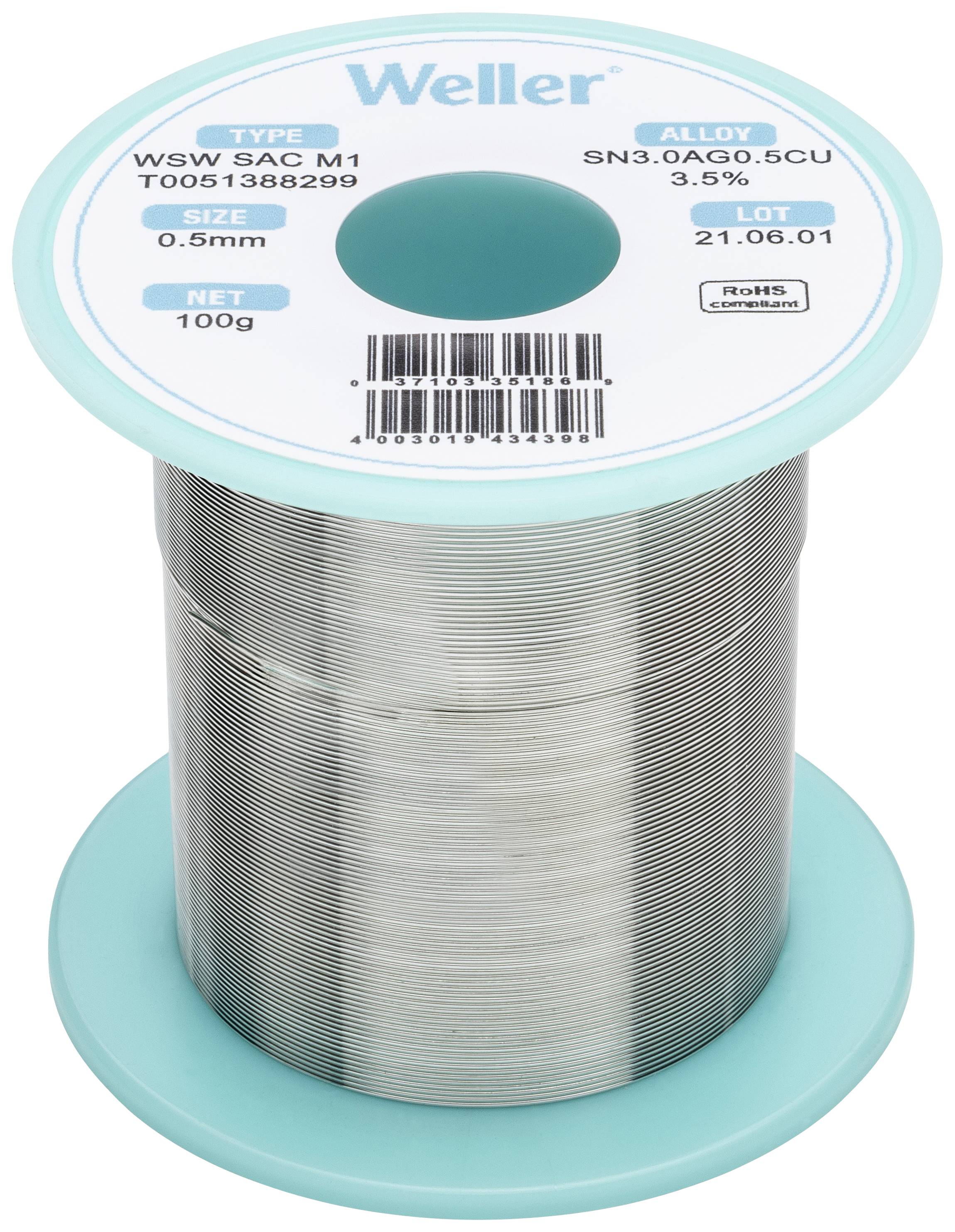 Weller WSW SAC M1 Lötzinn, bleifrei Spule Sn3,0Ag0,5Cu 100 g 0.5 mm