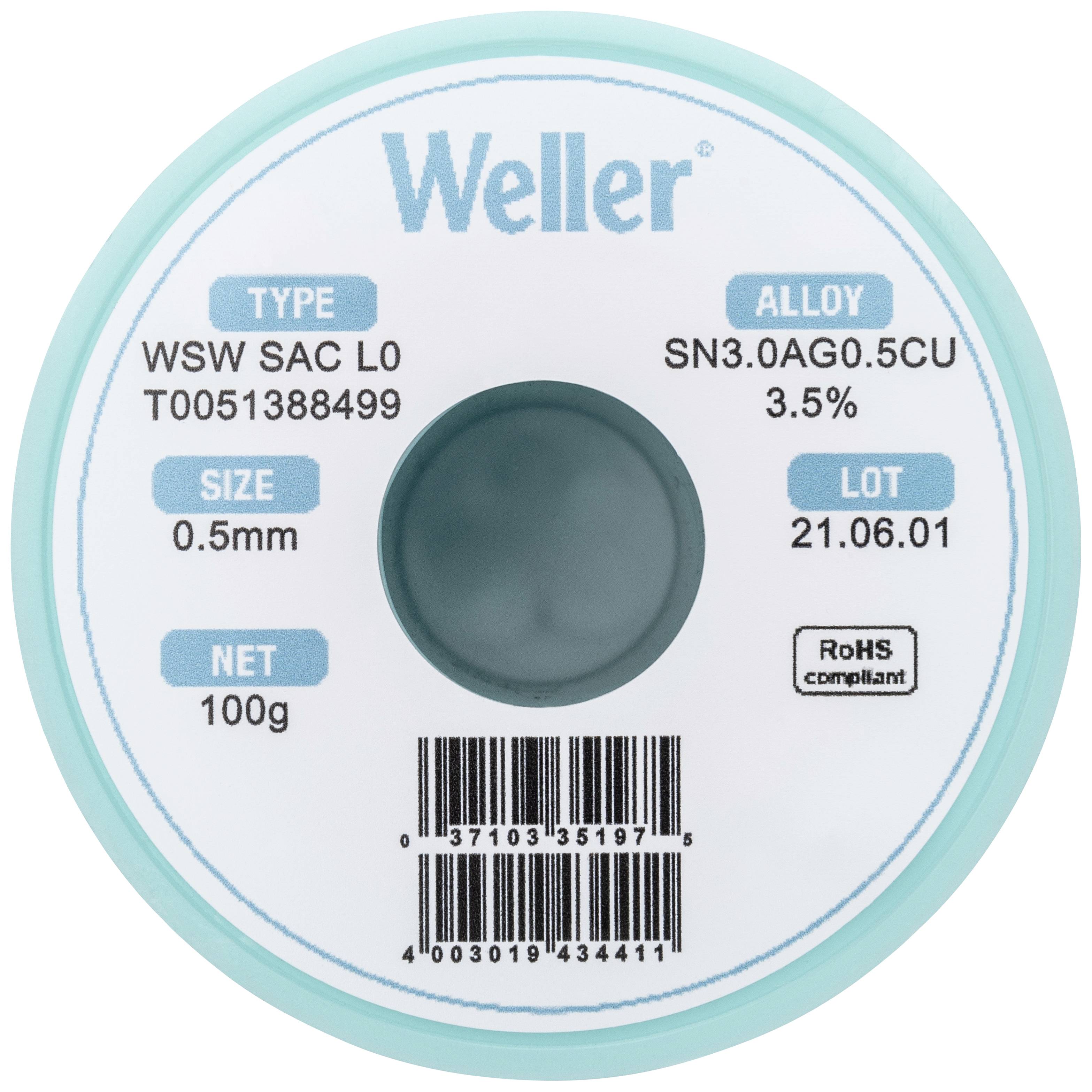 Weller WSW SAC L0 Lötzinn, bleifrei Spule Sn3,0Ag0,5Cu 100g 0.5mm