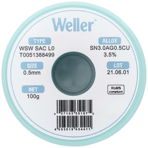 Étain à souder sans plomb Sn3,0Ag0,5Cu 0.5 mm Weller WSW SAC L0 bobine 100 g
