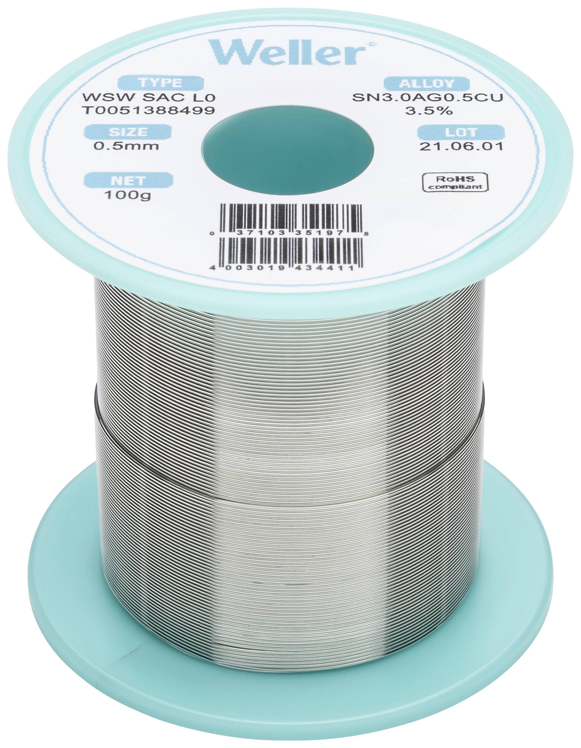 Lötzinnrolle der Marke Weller, Typ WSW SAC L0, Legierung SN3.0AG0.5CU, Größe 0.5mm, Gewicht 100g, Lotnummer 21.05.01.