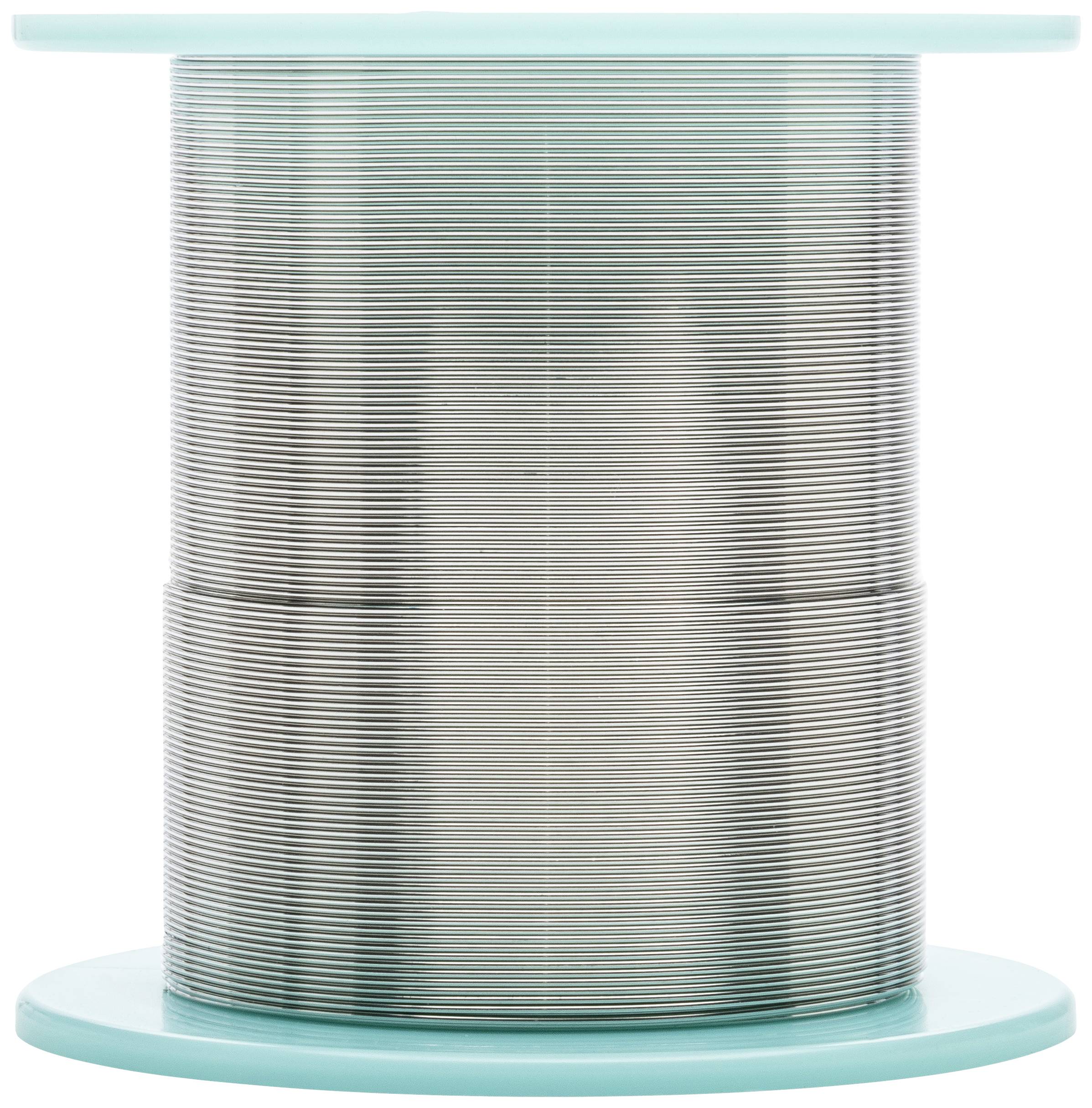 Große Rolle mit silbern glänzendem Draht, vertikal ausgerichtet. Draht ist eng und gleichmäßig auf der Rolle gewickelt.