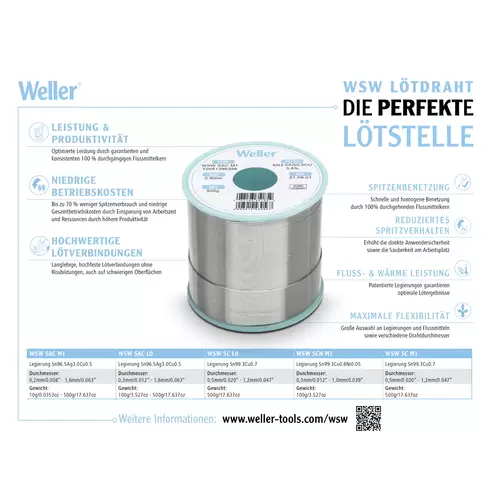 Weller WSW SAC M1 Lötzinn, bleifrei Spule Sn3,0Ag0,5Cu 250g 0.8mm Weller WSW SAC M1 Lötzinn, bleifrei Spule Sn3,0Ag0,5Cu 250g 0.8mm