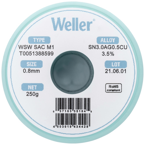Weller WSW SAC M1 Lötzinn, bleifrei Spule Sn3,0Ag0,5Cu 250 g 0.8 mm
