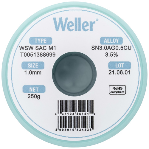 Weller WSW SAC M1 Lötzinn, bleifrei Spule Sn3,0Ag0,5Cu 250 g 1 mm