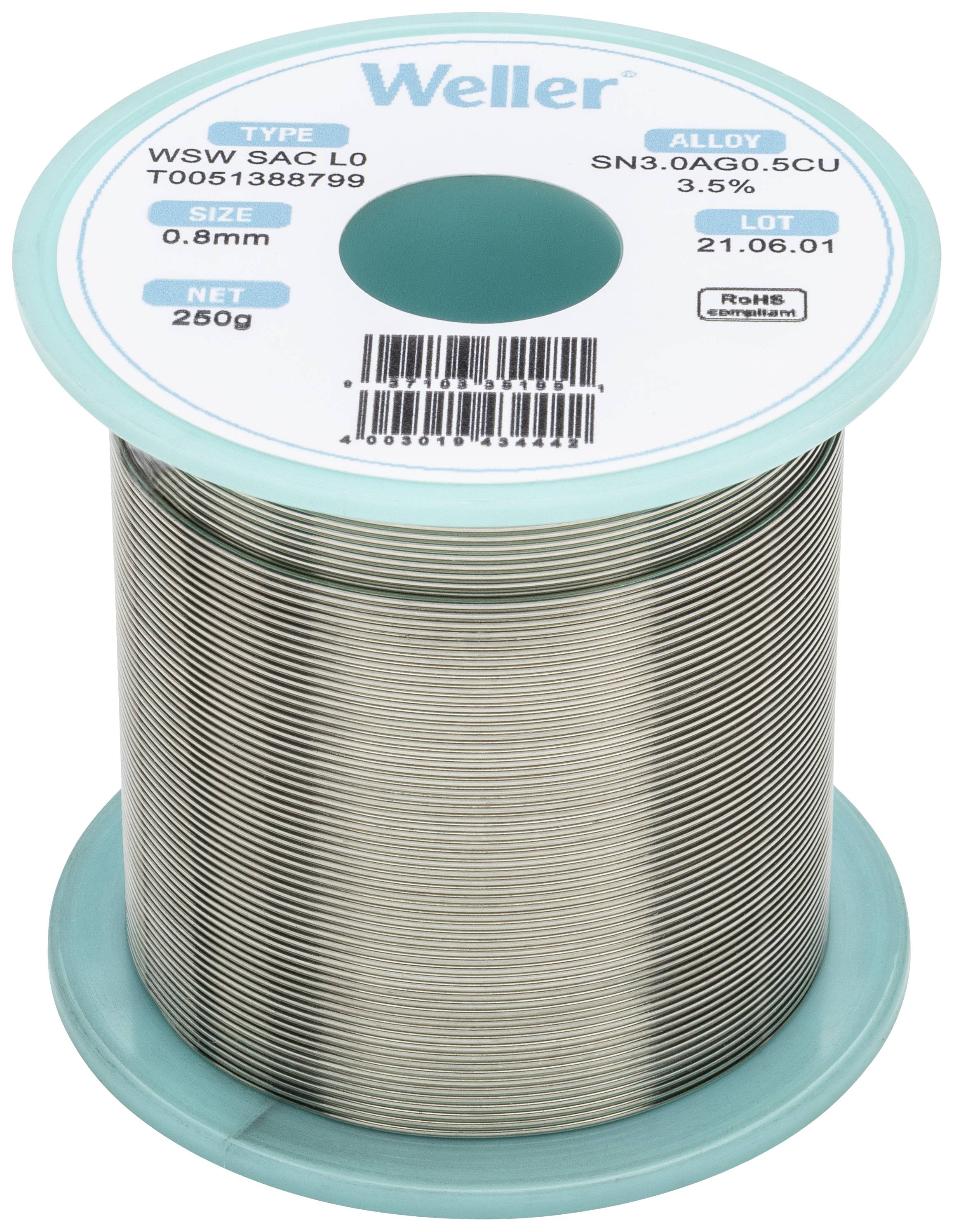 Weller WSW SAC L0 Lötzinn, bleifrei Spule Sn3,0Ag0,5Cu 250g 0.8mm