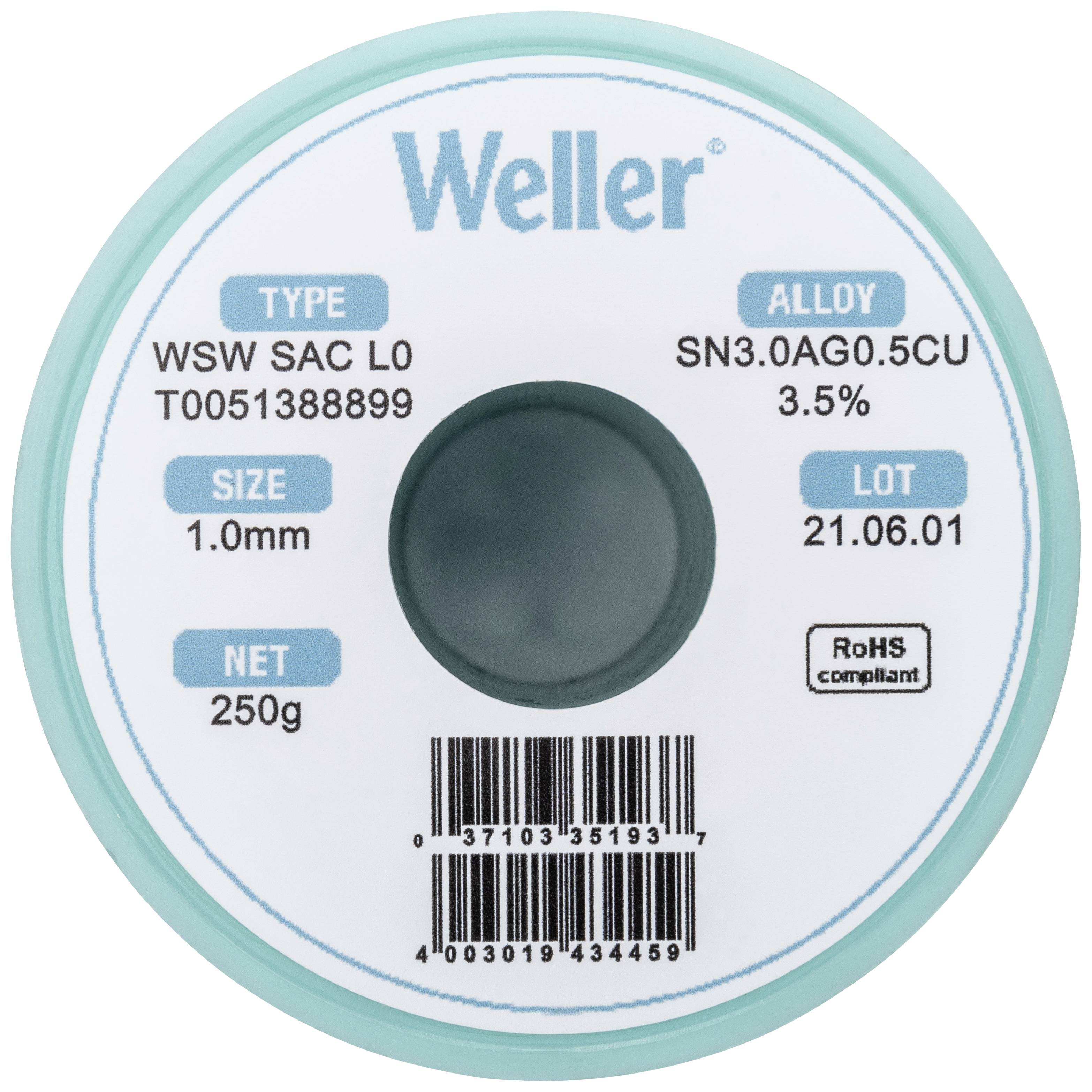 Lötdrahtspule mit Etikett: 'Weller', Typ 'WSW SAC LO', 1,0 mm Durchmesser, 250 g, Legierung 'SN3.0AG0.5CU', gefertigt am '21.06.01'.