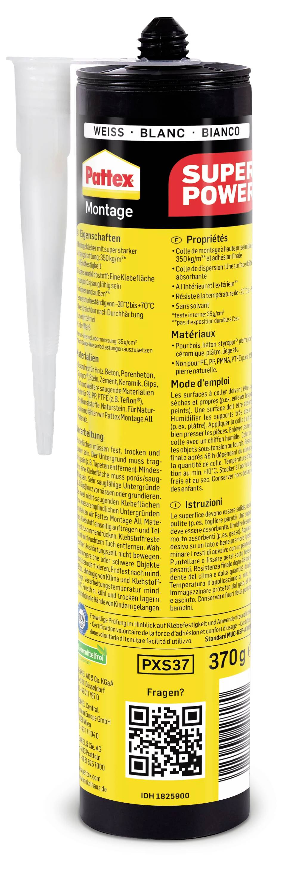 Kartusche mit Pattex Super Power Montagekleber, gelbes Etikett mit Eigenschaften und Anwendungsweise. Enthält QR-Code und ist 370 g schwer.