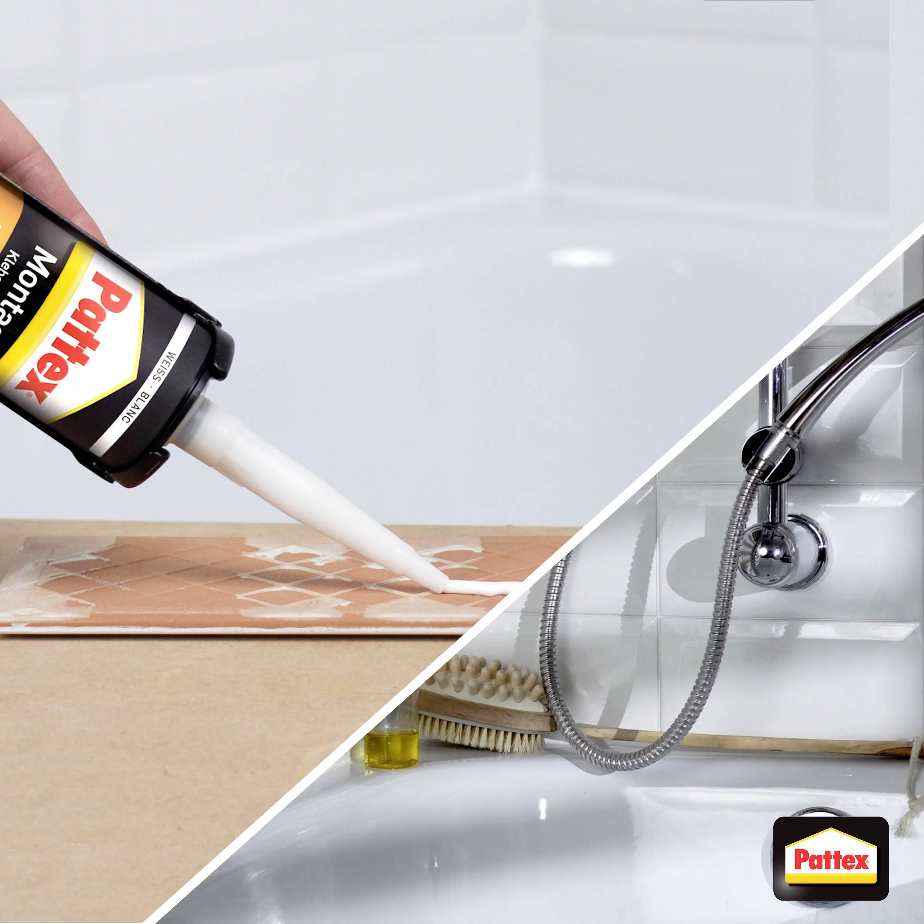 Eine Person verwendet eine Pattex-Montageklebertube, um ein Badezimmer zu versiegeln. Rechts ein fertig gefliestes Bad mit Duschkopf.