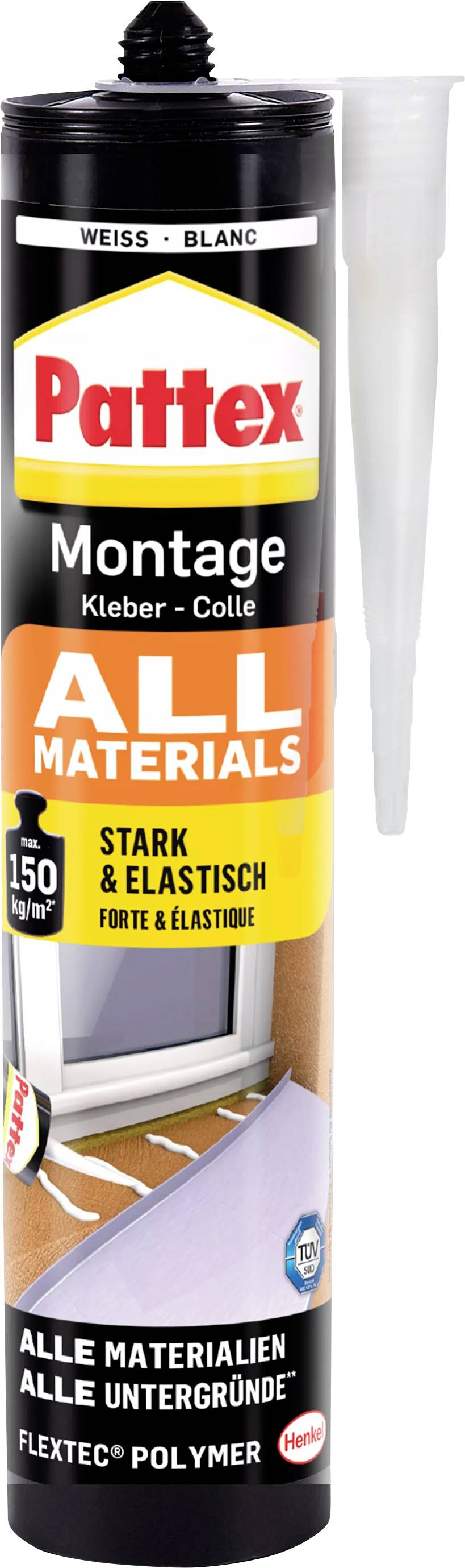 'Pattex Montage All Materials' Klebstofftube. Stark & elastisch, geeignet für alle Materialien und Untergründe, 150 kg/m² Haftkraft.