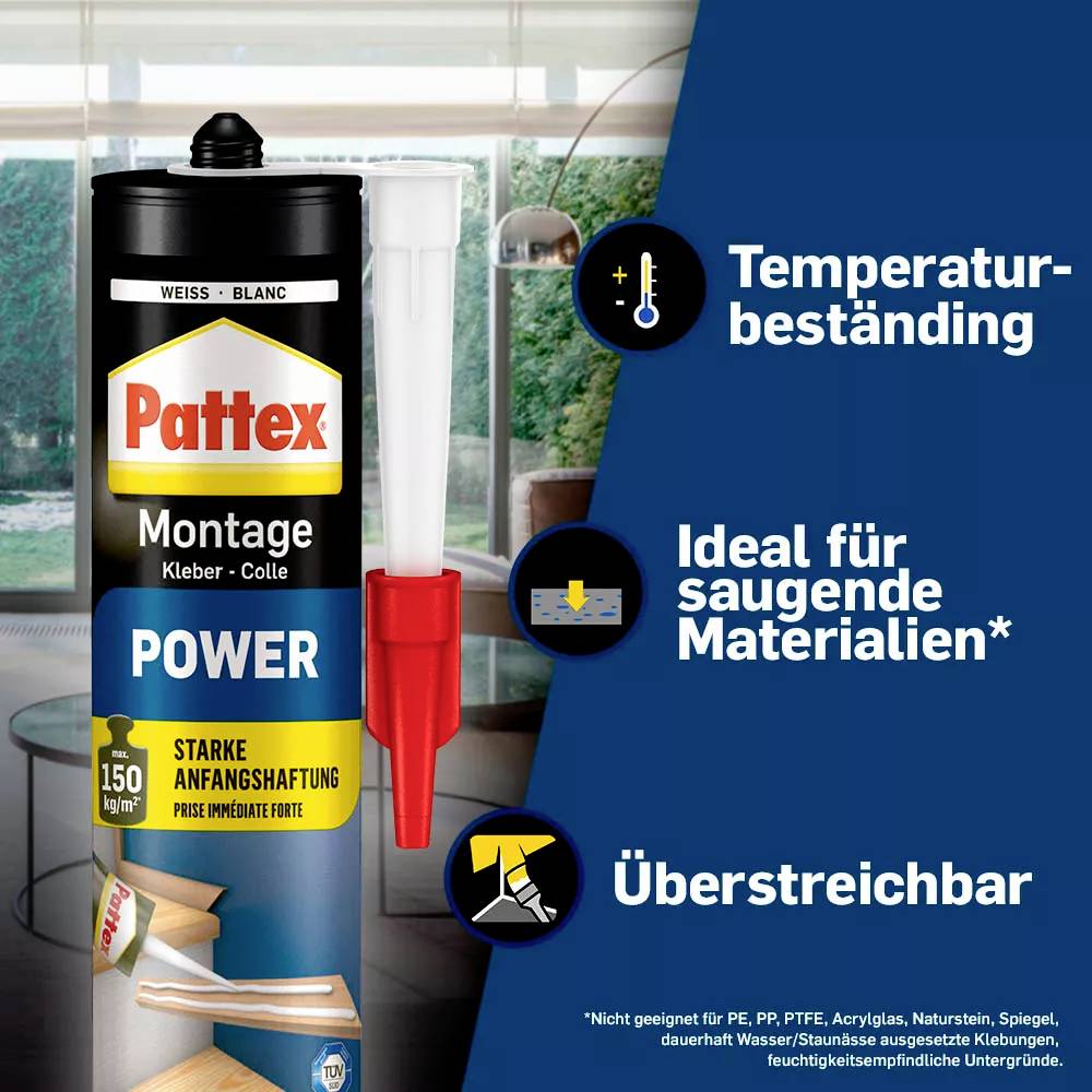'Pattex Montage Power' Kleber in Tube, symbolisiert Temperaturbeständigkeit, geeignet für saugende Materialien und überstreichbar.