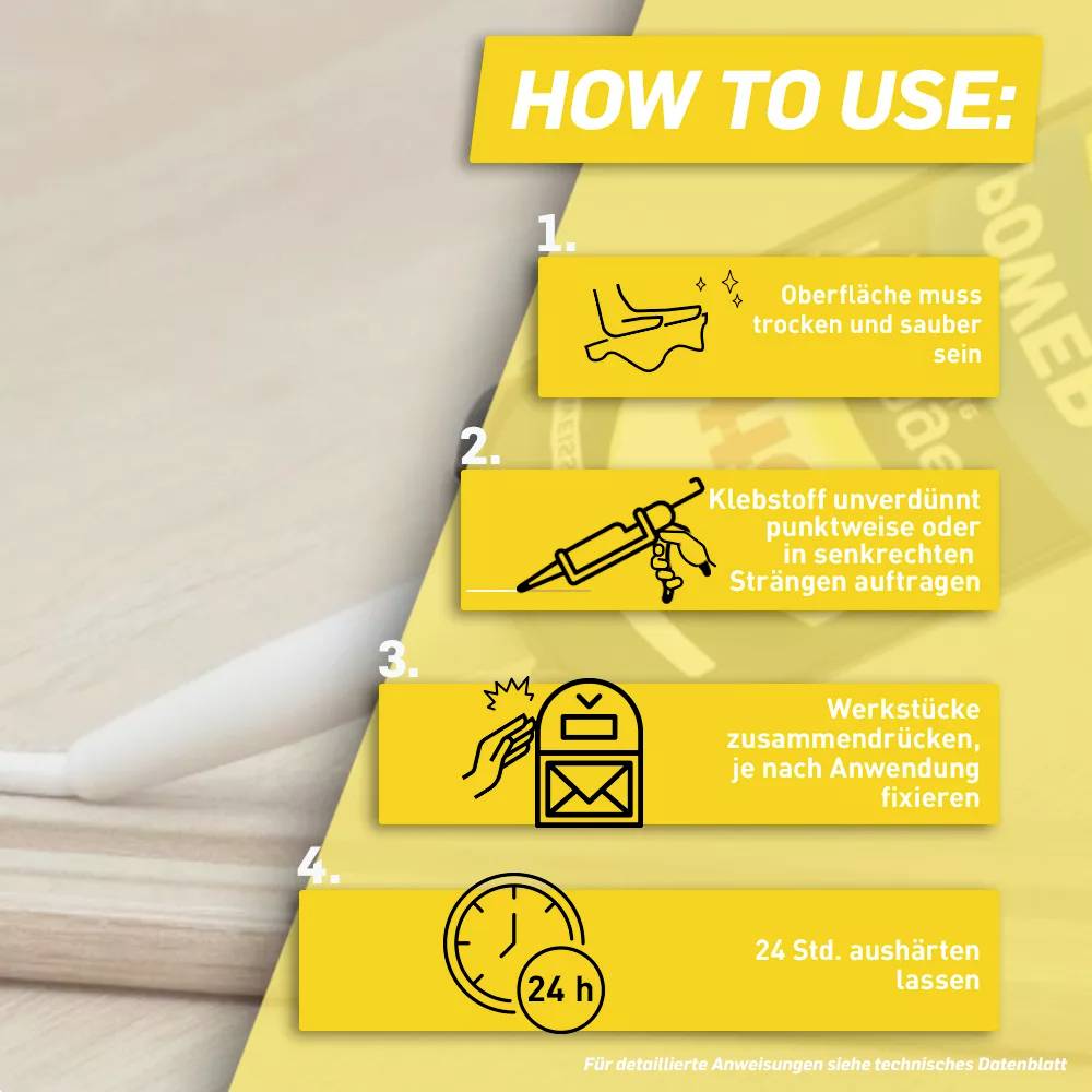 'How to Use'-Anleitung in vier Schritten: 1. Oberfläche reinigen. 2. Klebstoff auftragen. 3. Teile zusammendrücken. 4. 24 Stunden trocknen lassen.