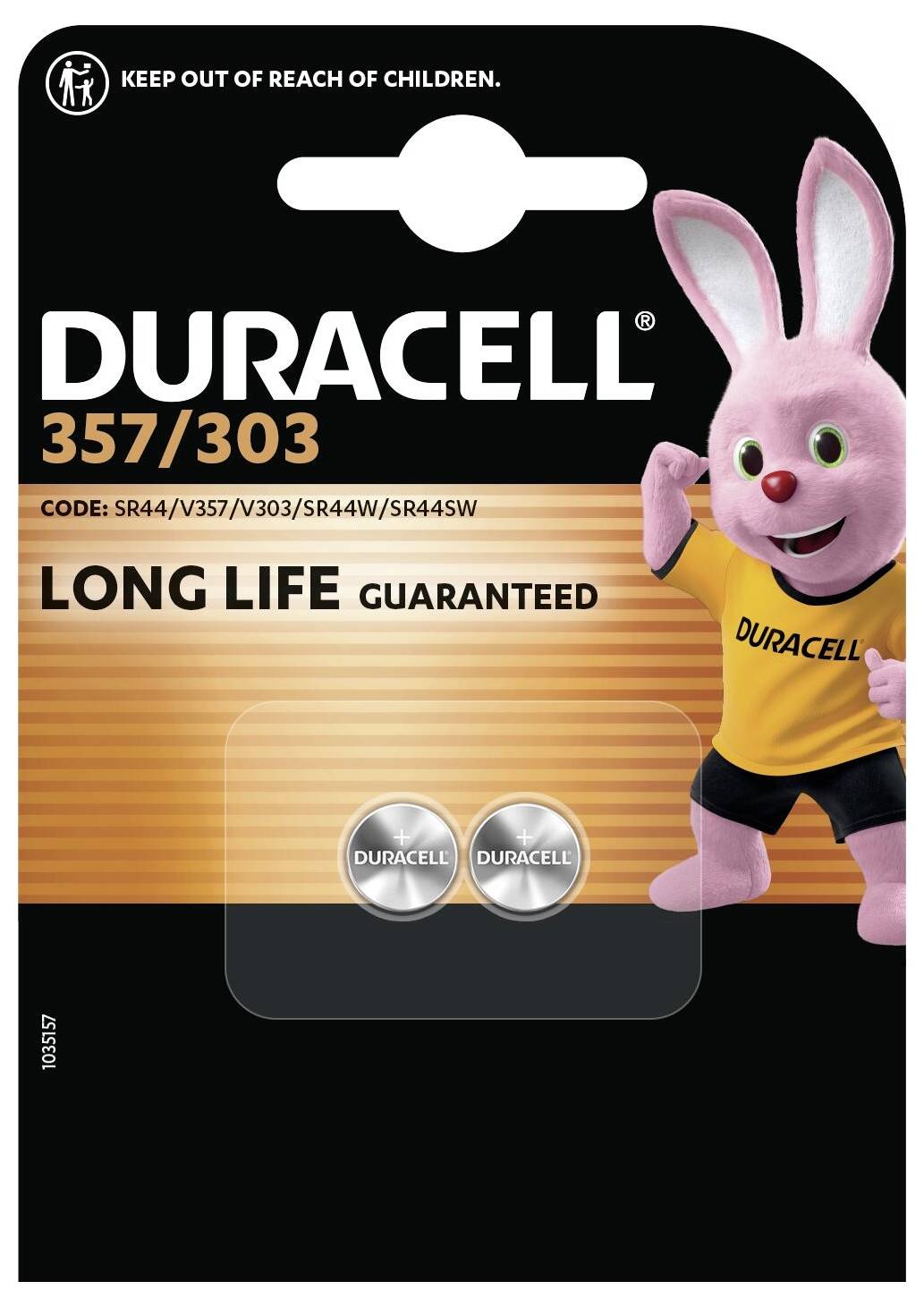 „Duracell 357/303 Batterien in einer Verpackung mit rosa Hasenhauptfigur. Text: ‚Lange Lebensdauer garantiert'. Batterien mit gekennzeichneten Größen und Codes.