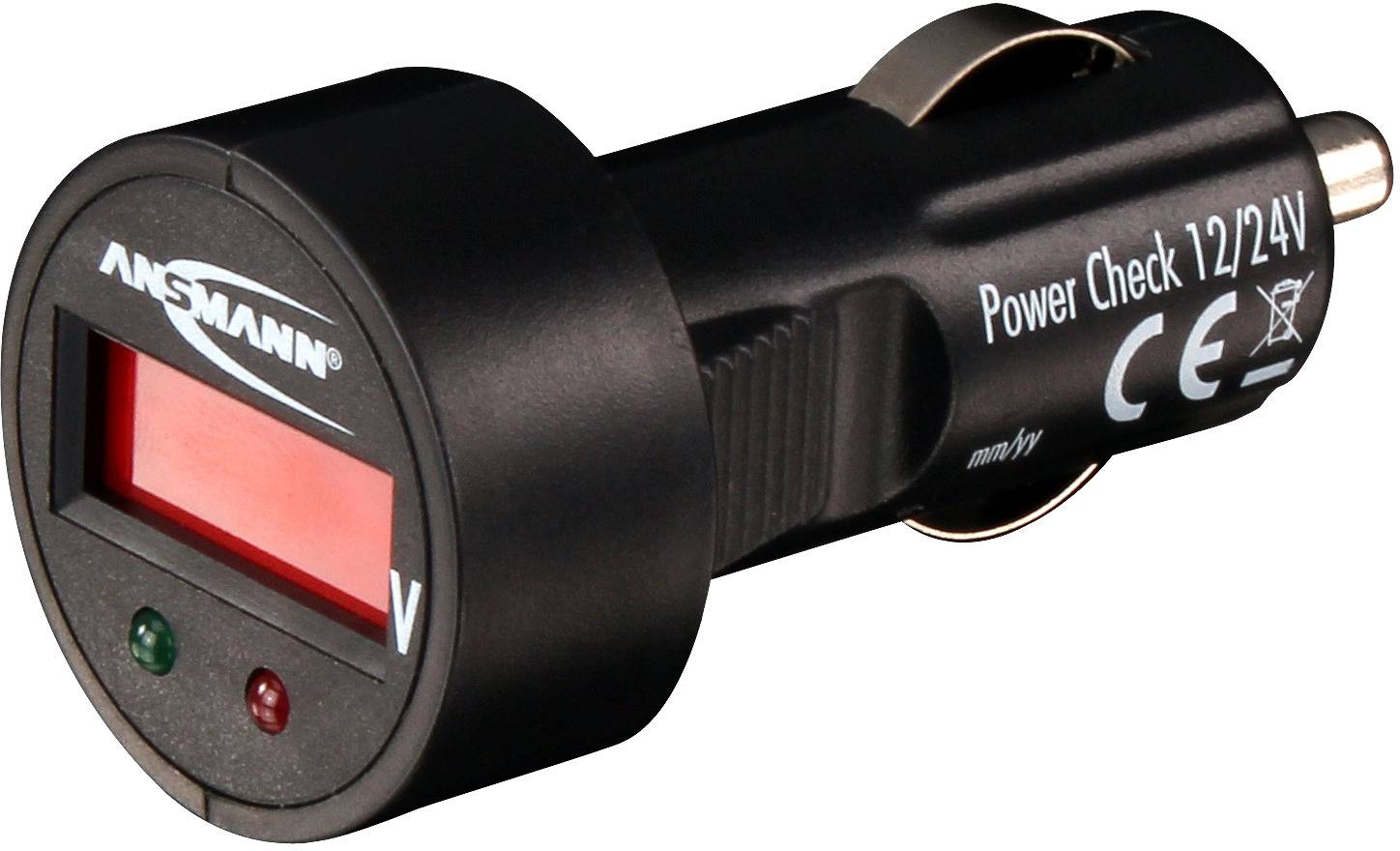 Spannungsprüfer für Fahrzeuge, zeigt Batterieladestand an. Schwarzes Gerät mit rotem LED-Display und grüner sowie roter LED-Anzeige.