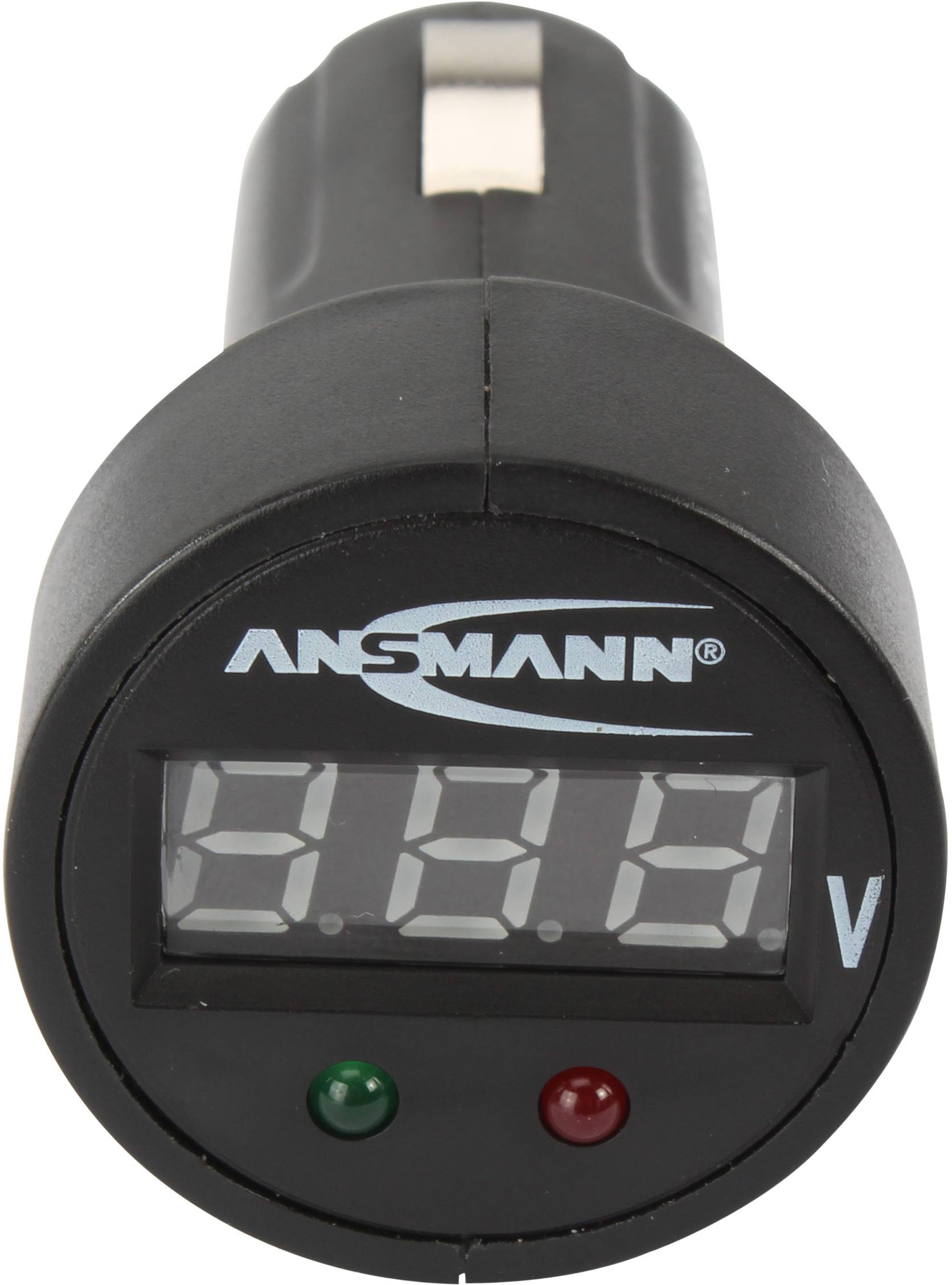 Ein digitaler Spannungsmesser mit einem Display zeigt '12.3 V'. Oben der Schriftzug 'Ansmann', unten zwei LEDs, eine grün, eine rot.