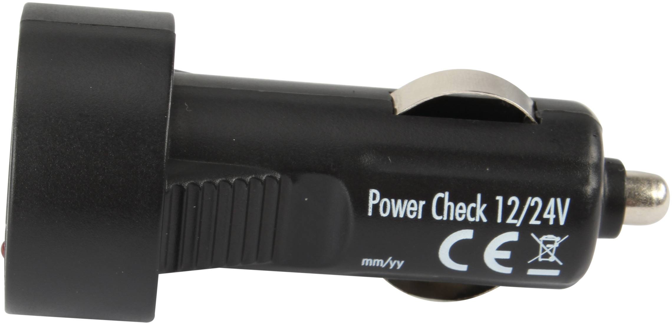 'Power Check 12/24V' Fahrzeug Netzadapter, schwarze zylindrische Form, mit CE-Kennzeichnung. Geeignet für 12V- und 24V-Fahrzeuge.