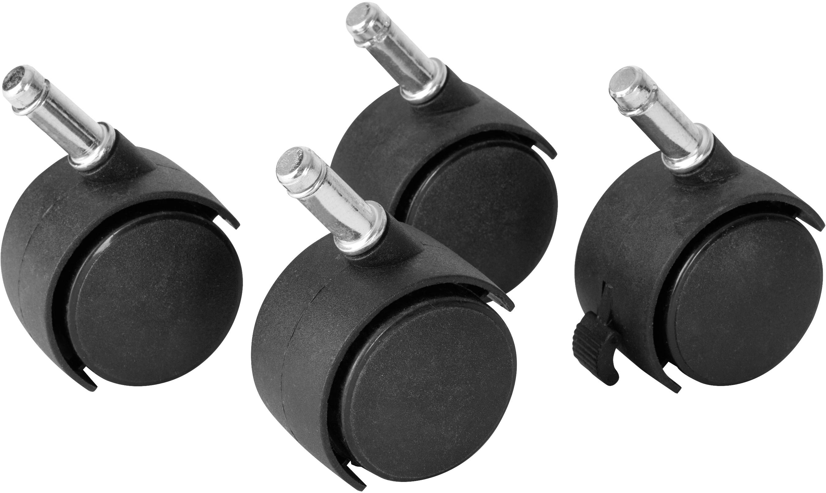 Vier schwarze Bürostuhlrollen mit silbernen Befestigungsstiften. Geeignet für Hartböden oder Teppich, bieten Mobilität und Flexibilität.